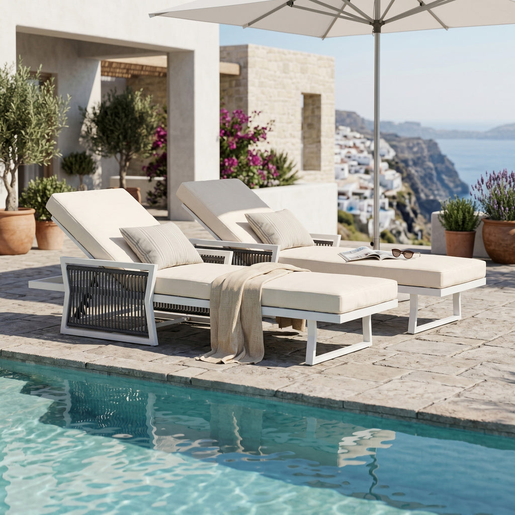 Modern White Iron Outdoor Chaise Lounger Set with Adjustable Backrest - White
