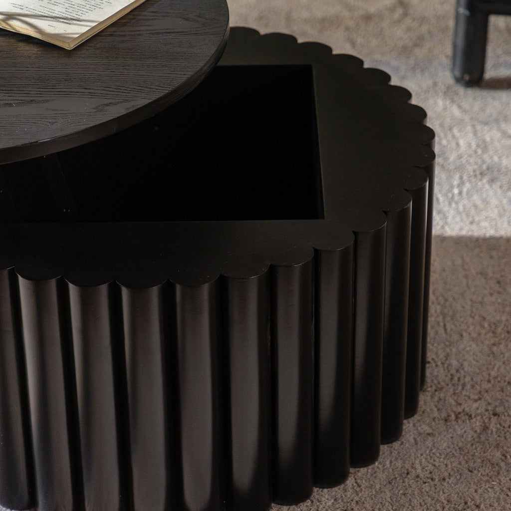 Round Coffee Table with Lift and Handcrafted Relief - Black or Walnut