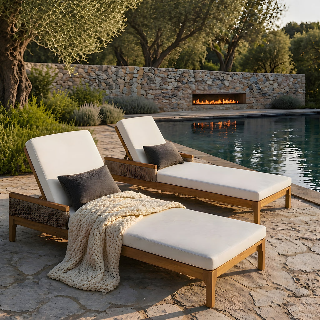 Solid Acacia Wood Sun Lounger Set of 2 with Cushions - Beige & Light Grey