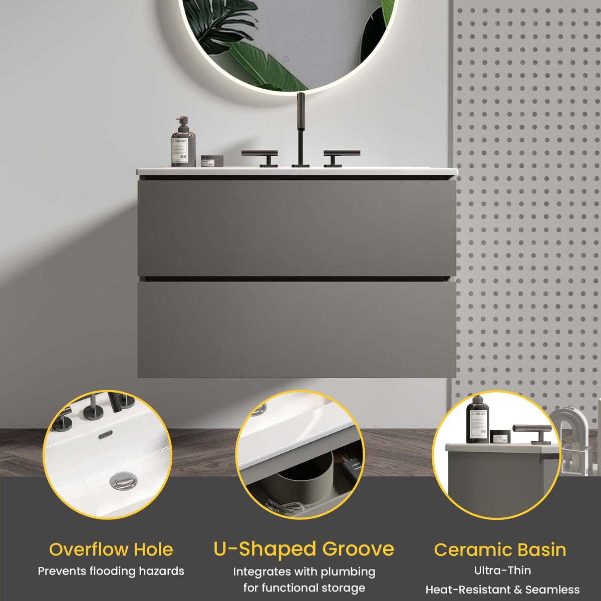 TIA 30" Wall Mount Bathroom Vanity with Soft-Closing Drawers - Space Grey