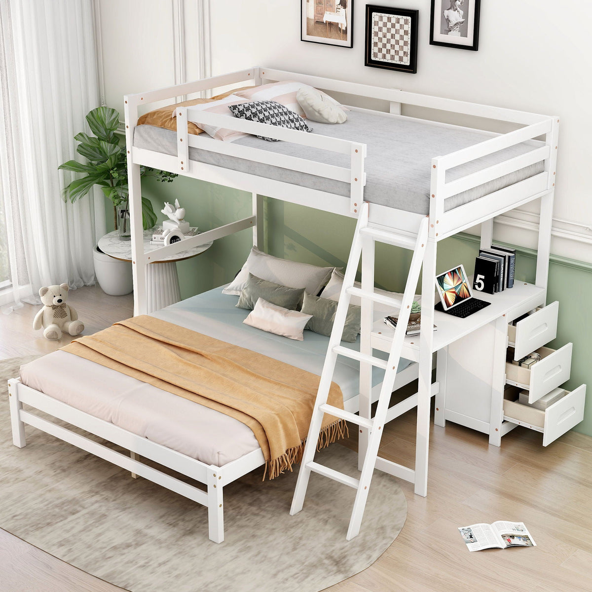 Bunk Bed with Built-In Desk and 3 Drawers - Twin over Full