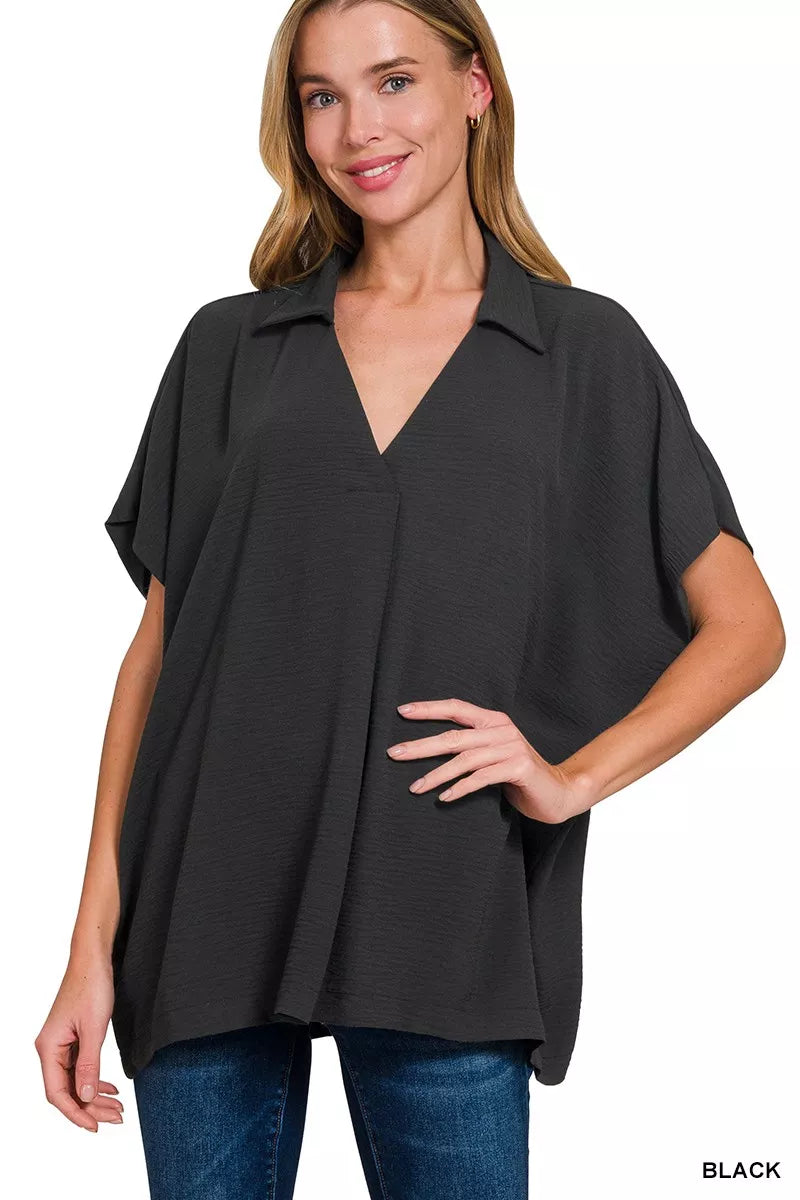 Zenana Woven Airflow Collared Short Sleeve Top