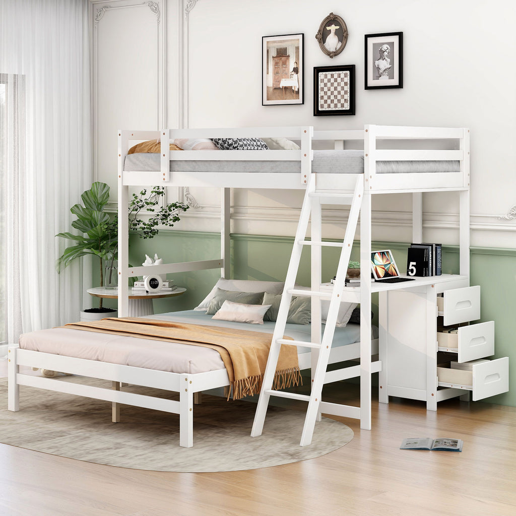 Bunk Bed with Built-In Desk and 3 Drawers - Twin over Full