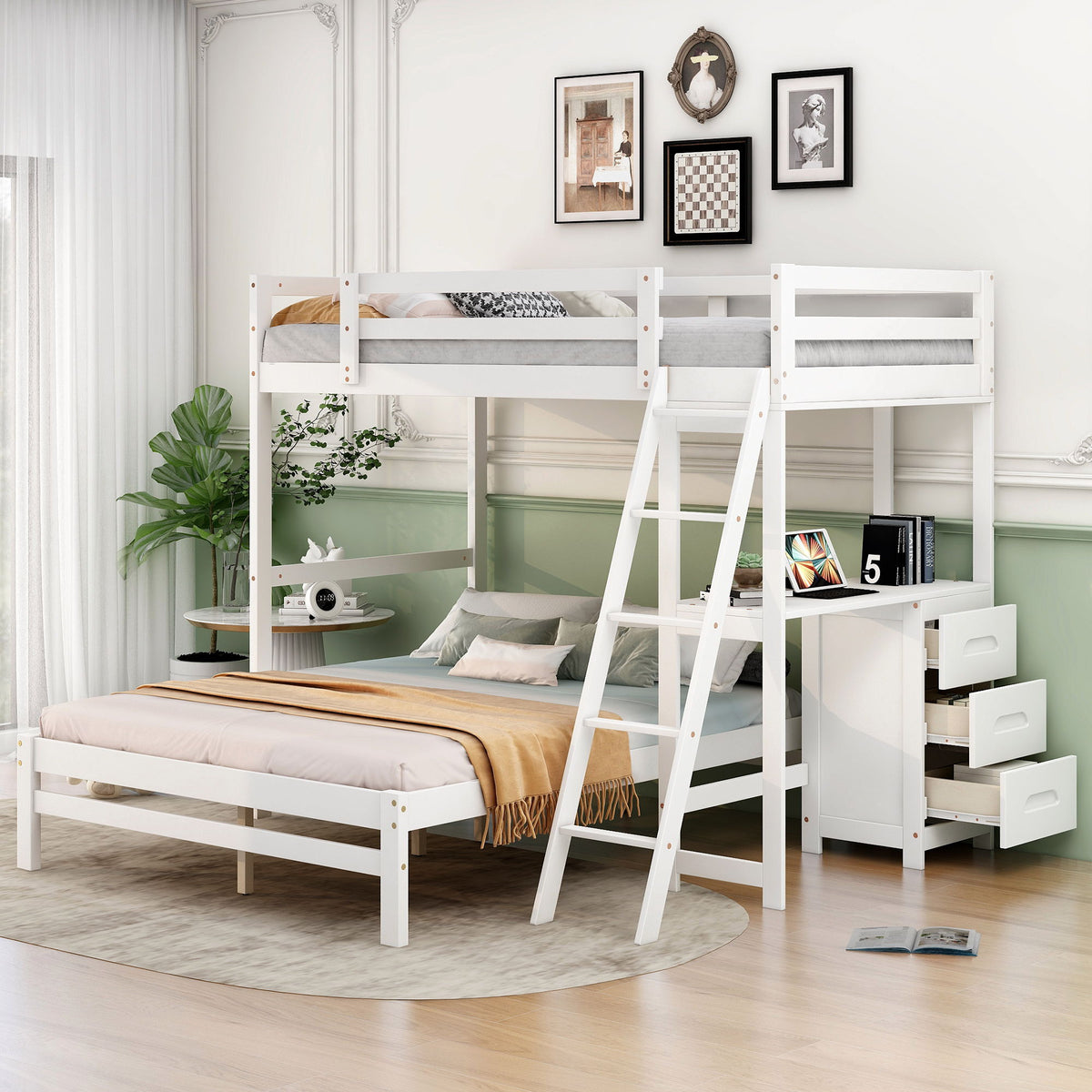 Bunk Bed with Built-In Desk and 3 Drawers - Twin over Full