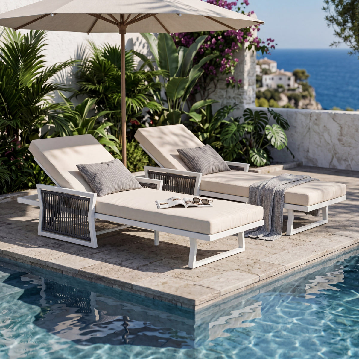 Modern White Iron Outdoor Chaise Lounger Set with Adjustable Backrest - White
