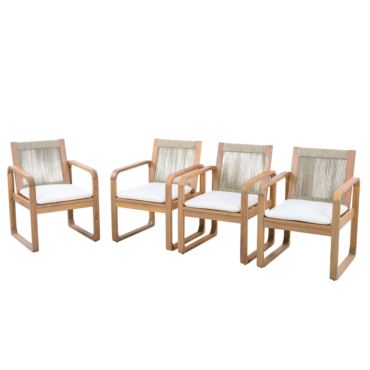 Acacia Wood Outdoor Dining Chairs Set with Rope Back and Cushions - Light Teak