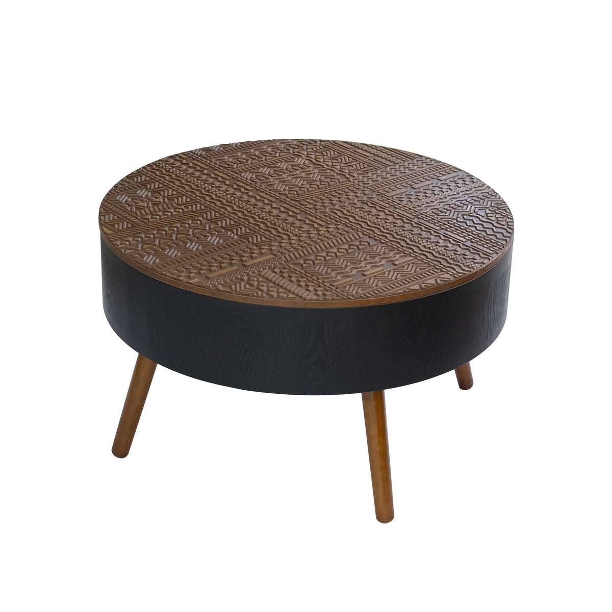 Round Coffee Table with Storage Function - Carved Wood Top - Dark Brown or Black