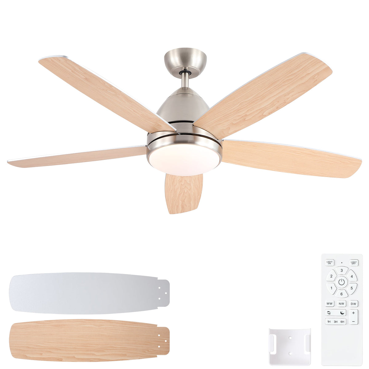 52 Inch Indoor Brushed Nickel Ceiling Fan with Integrated LED Light Kit and Remote