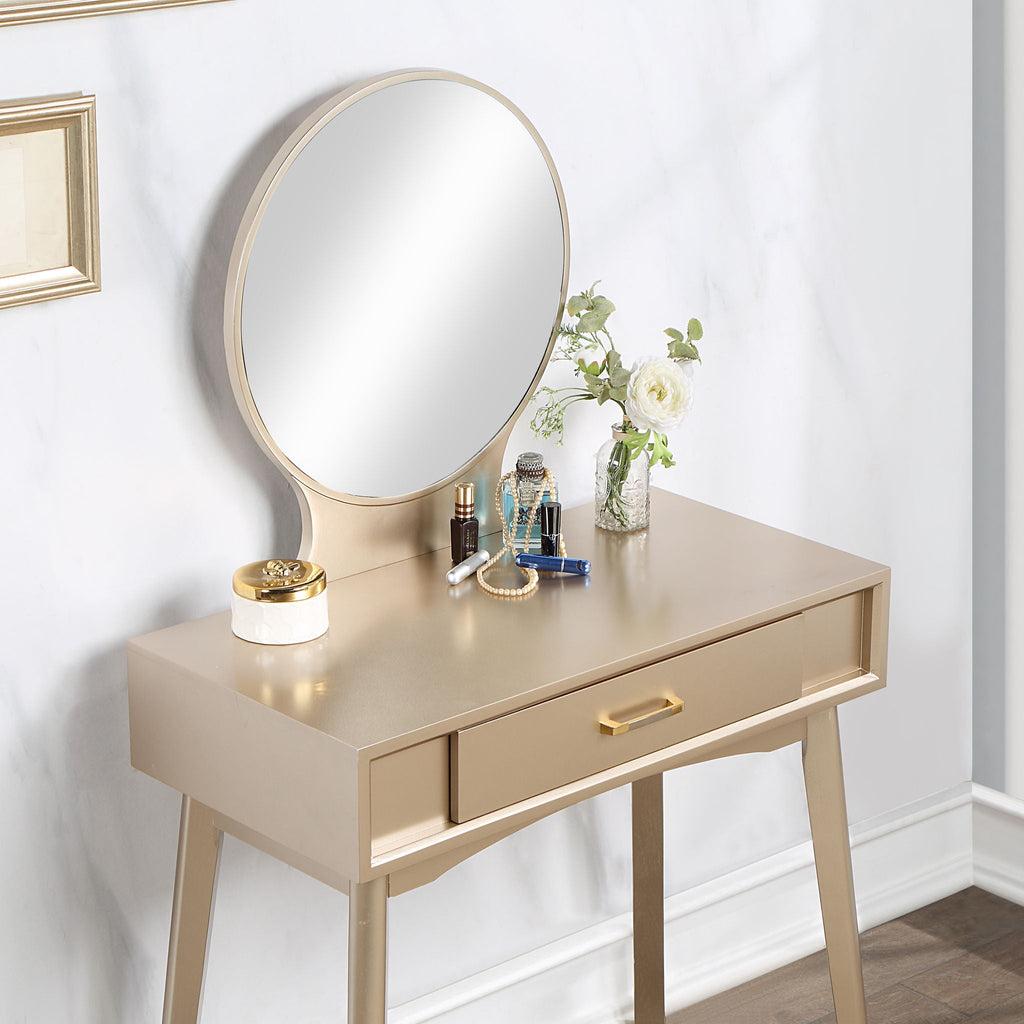 Contemporary Wood Vanity Set with Mirror and Stool - Gold