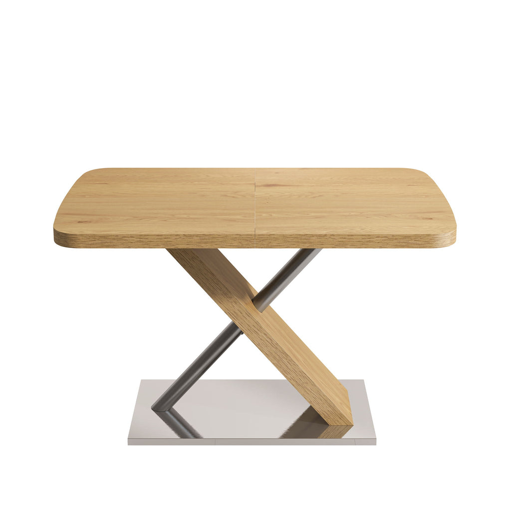 Retractable Square Dining Table, Seating 4 - 6 People, Cross Base With Stainless Steel Tubing, Expandable - Natural