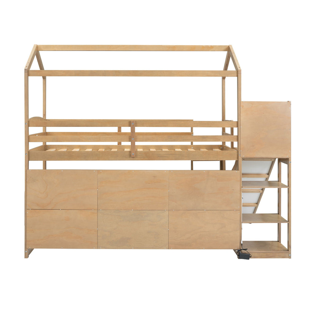 House Loft Bed with Slide and Storage Shelves - Twin with Light