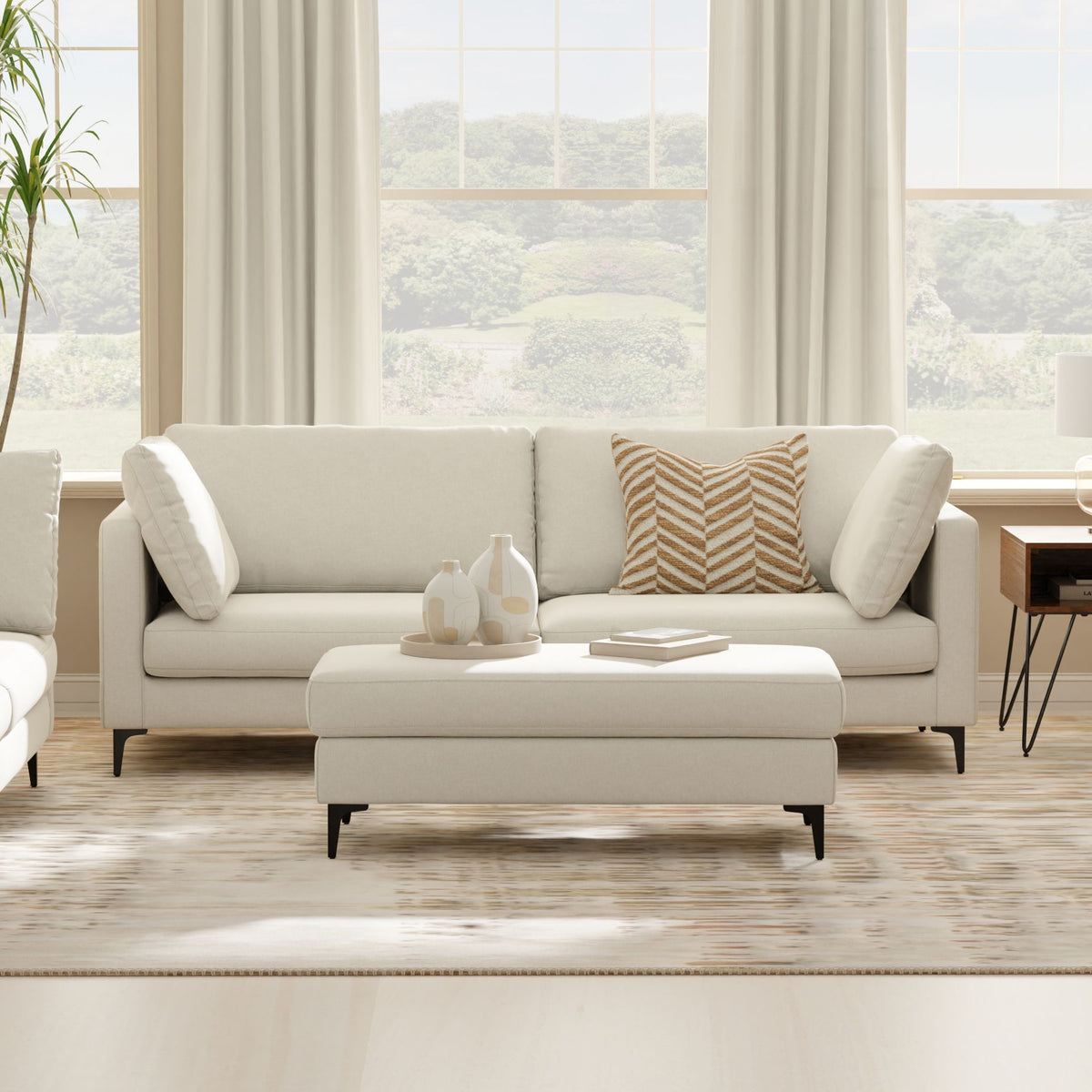 Mid Century Sofa With Ottoman Set in Performance Fabric - Dark Gray or Beige