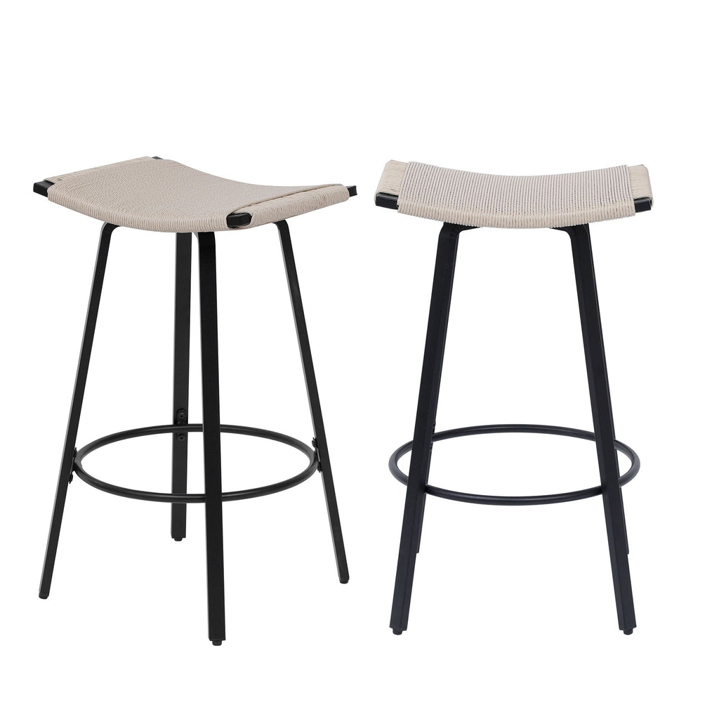 Counter Height Bar Stools Backless Handwoven Kitchen Dining Chairs With Round Footrest (Set of 2) Weaving Pub Stoo - Creamy White