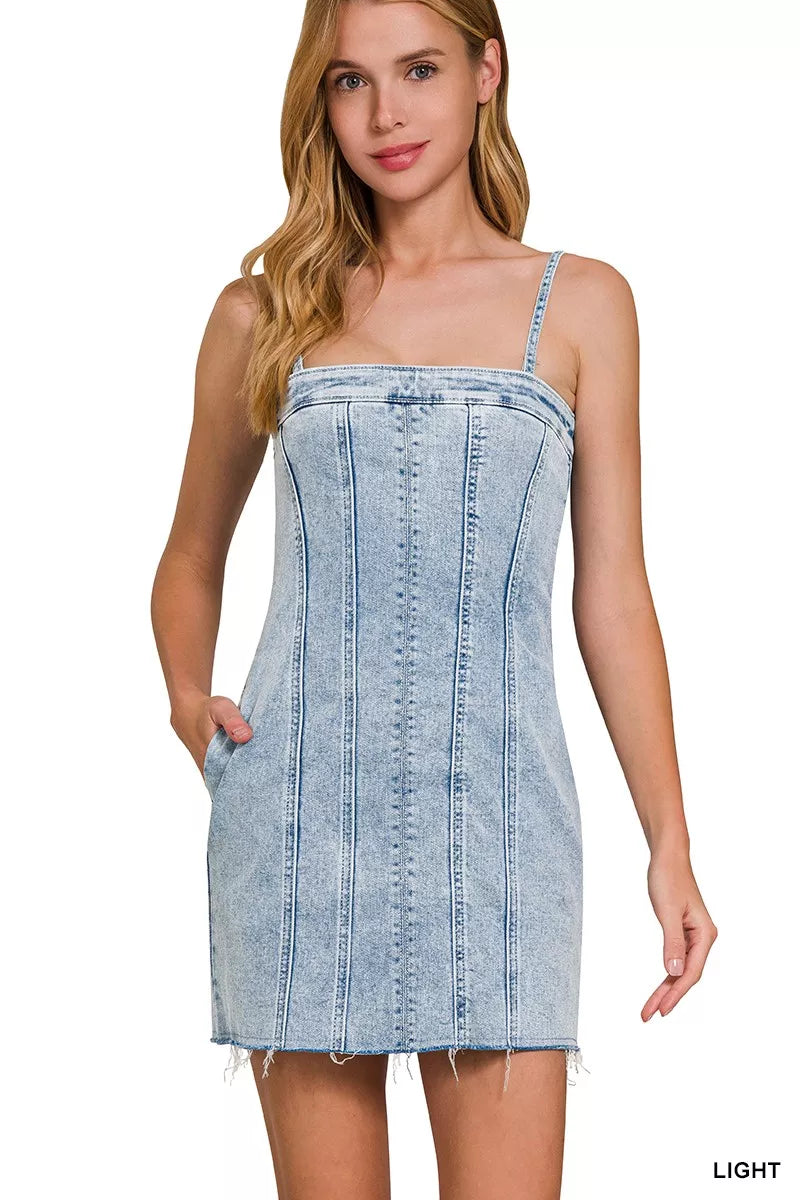 Zenana Spaghetti Strap Exposed Seam Light-Wash Dress