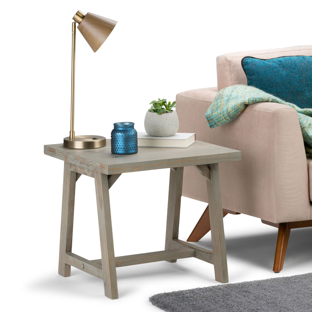 Dark Gray Handcrafted End Table with Sawhorse Supports - Solid Wood