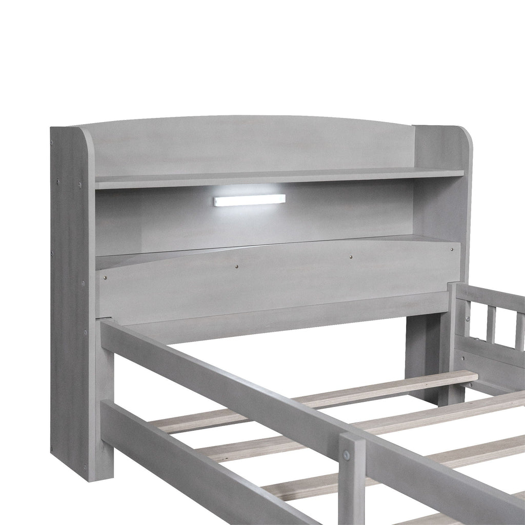 Wood Platform Bed With Built In LED Light, Storage Headboard And Guardrail