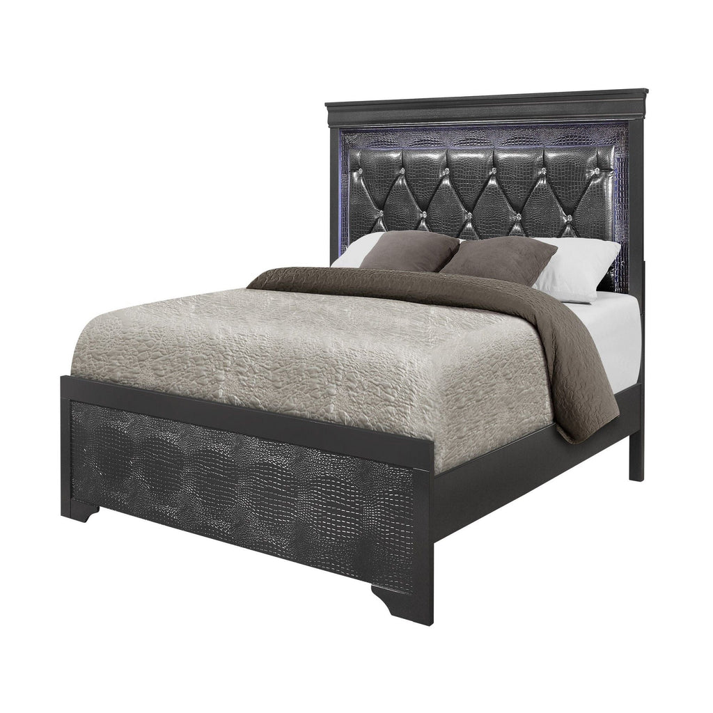 Panel Bed with LED Lighting and Tufted Headboard - White or Dark Gray