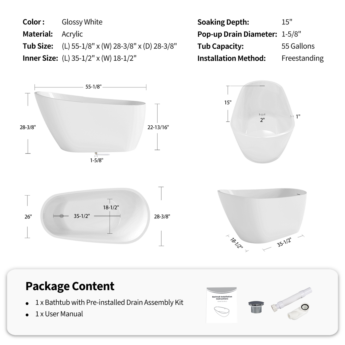 55" Acrylic Freestanding Bathtub with Deep Soaking Design - White