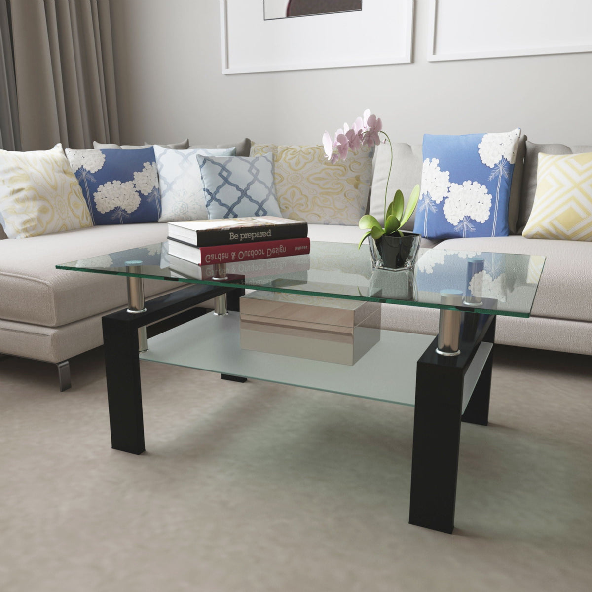 Modern Rectangular Coffee Table with Tempered Glass Top - White or Dark Brown