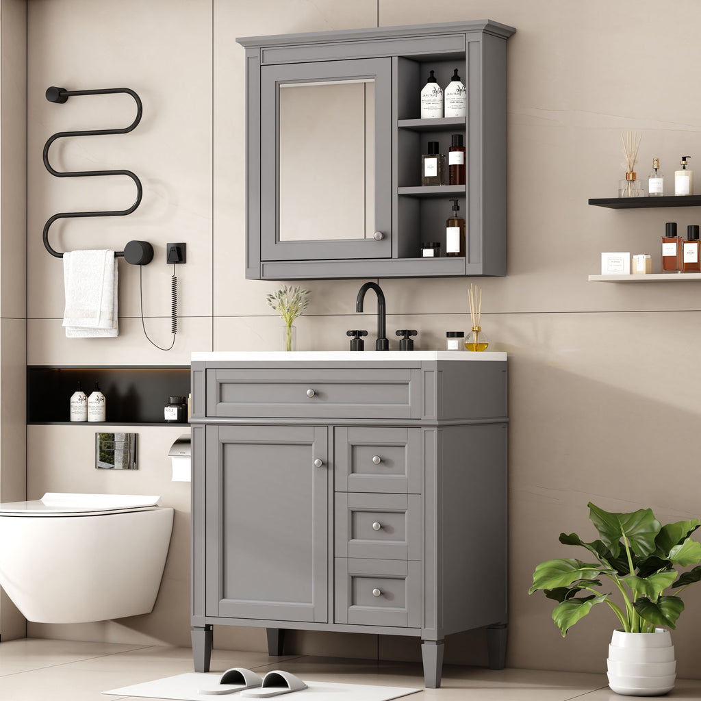 Bathroom Vanity With Top Sink, 2 Doors And 3 Drawers, Freestanding Set With Mirror Cabinet