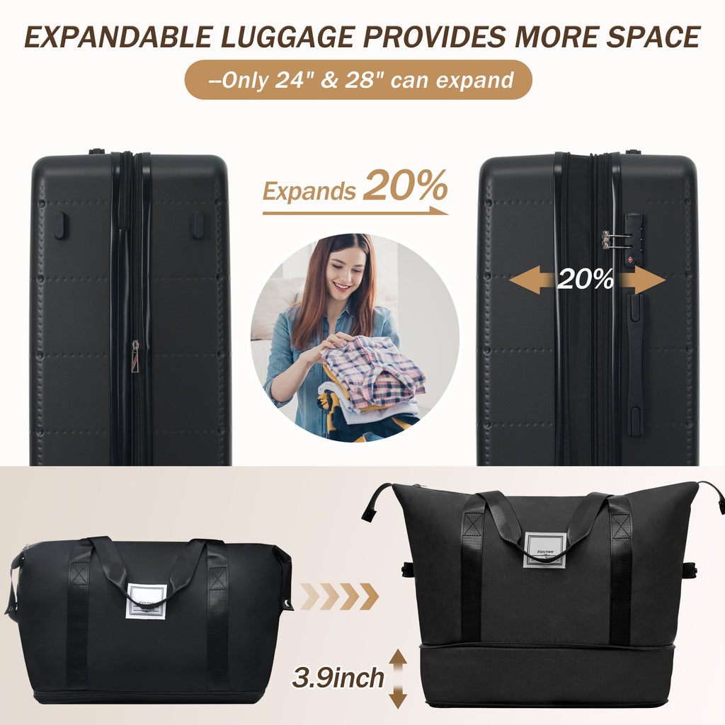 Hardside Luggage Set 5 Piece with USB Port & TSA Lock - Black