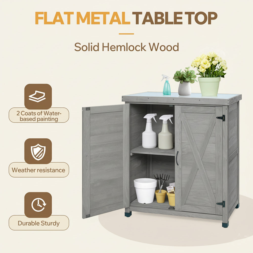 Potting Bench with Metal Top and Storage Cabinet - Solid Wood