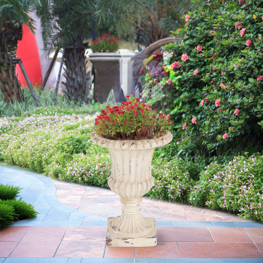 Antique White Garden Urn Planter with Drainage - 14" W x 19.25" H