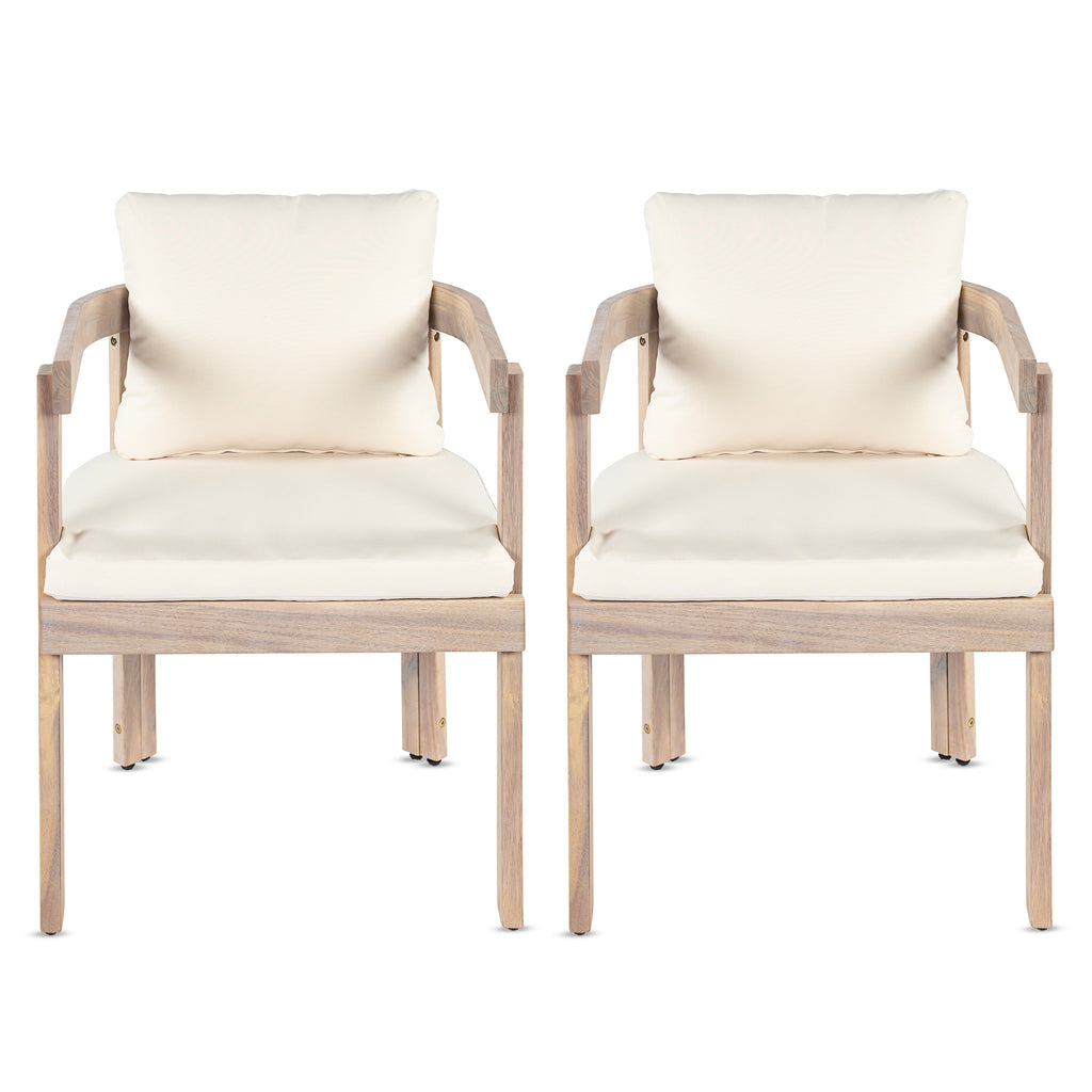 Acacia Wood Dining Chairs Set of 2 with Armrests and Cream Cushions