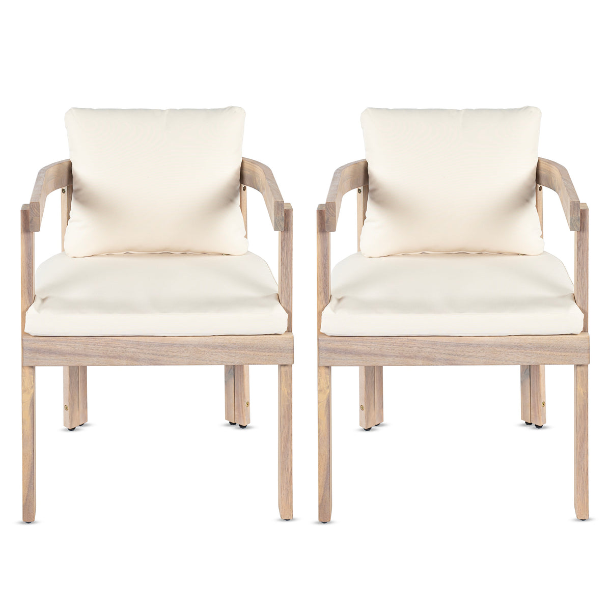 Acacia Wood Dining Chairs Set of 2 with Armrests and Cream Cushions