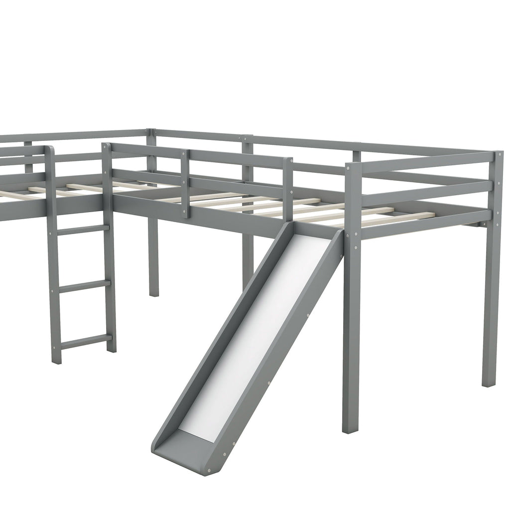L Shaped Loft Bed with Slide and Ladder - Twin Size, Solid Wood - White or Dark Gray