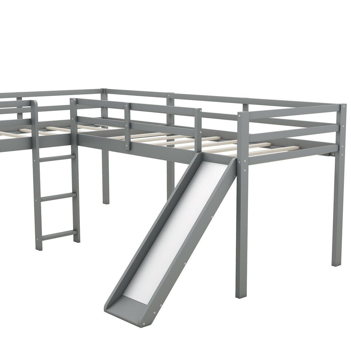 L Shaped Loft Bed with Slide and Ladder - Twin Size, Solid Wood - White or Dark Gray