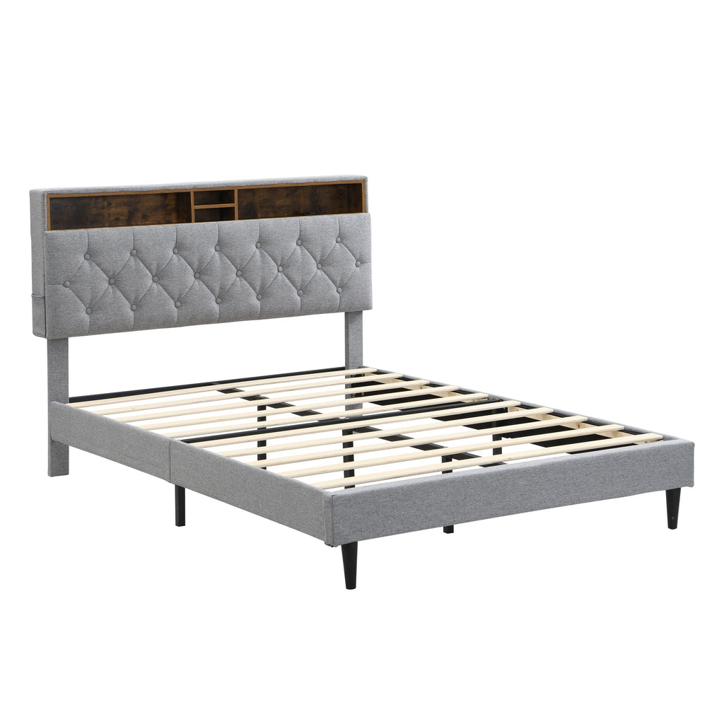 Modern Upholstered Platform Bed Frame with USB Ports - Gray or Dark Gray