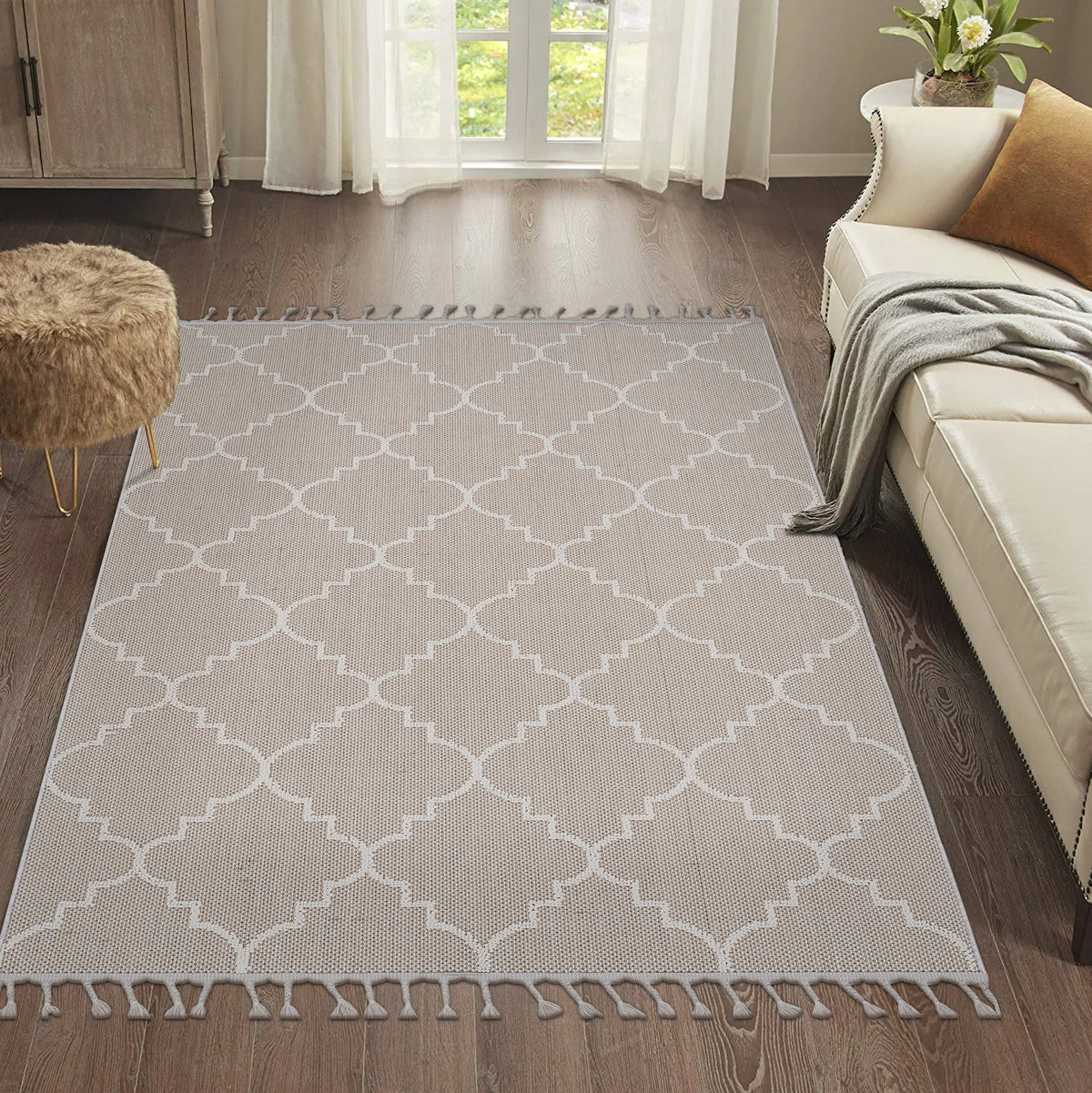 Guros Collection 4' x 6' Area Rug with Stain-Resistant Polypropylene - Ivory or Grey+White