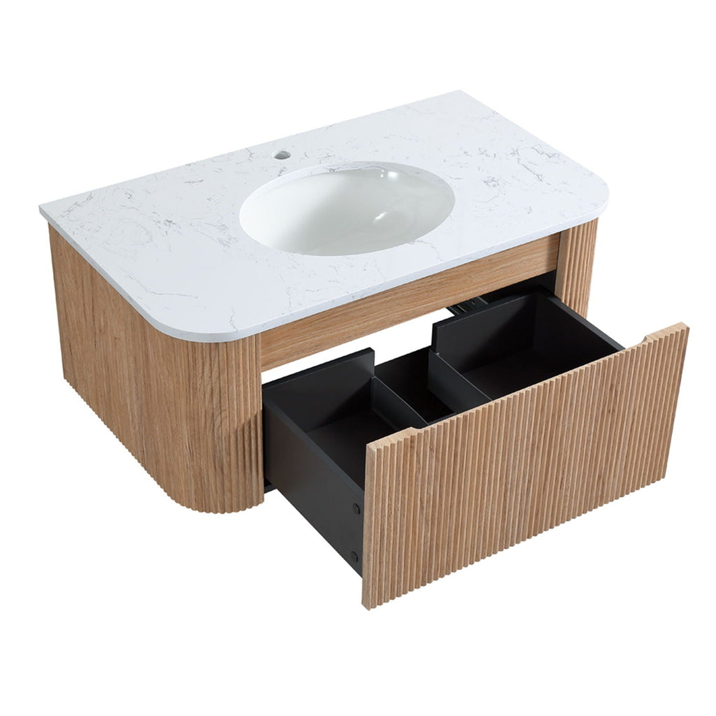 Light Brown Wall Mounted Bathroom Vanity with Sink - Curved Front