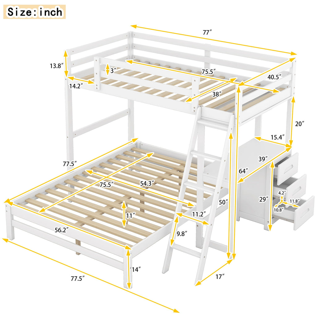 Bunk Bed with Built-In Desk and 3 Drawers - Twin over Full