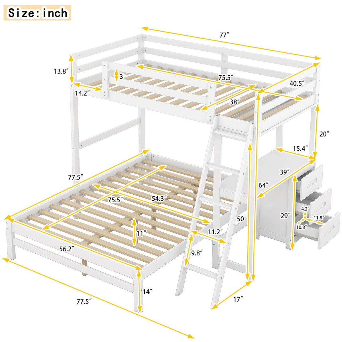 Bunk Bed with Built-In Desk and 3 Drawers - Twin over Full