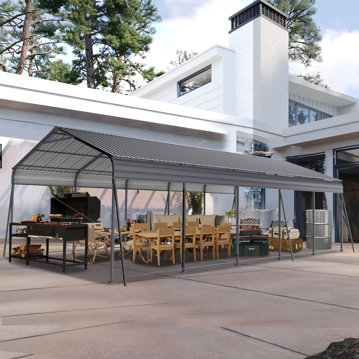 Heavy Duty Metal Carport with Galvanized Steel Roof - Gray