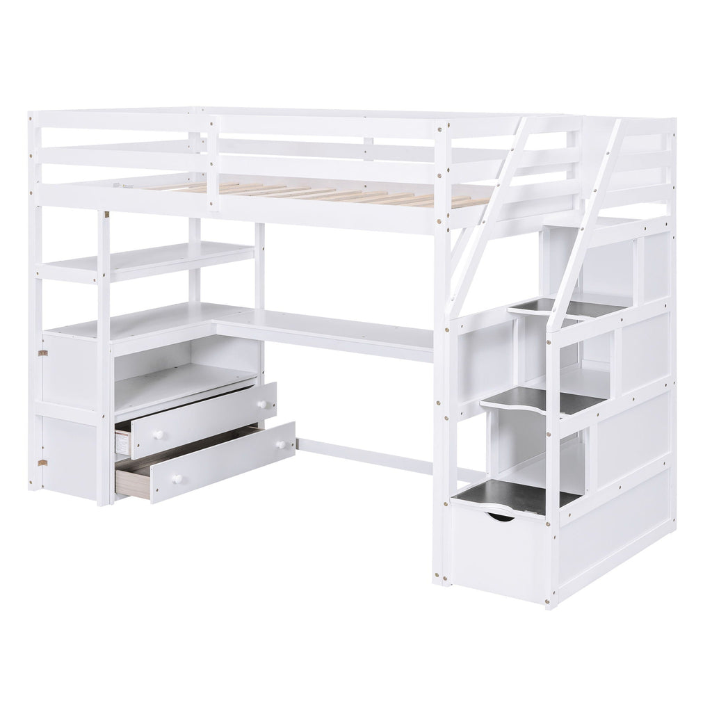 Loft Bed with Desk and Storage Staircase - Full or Twin, White or Gray