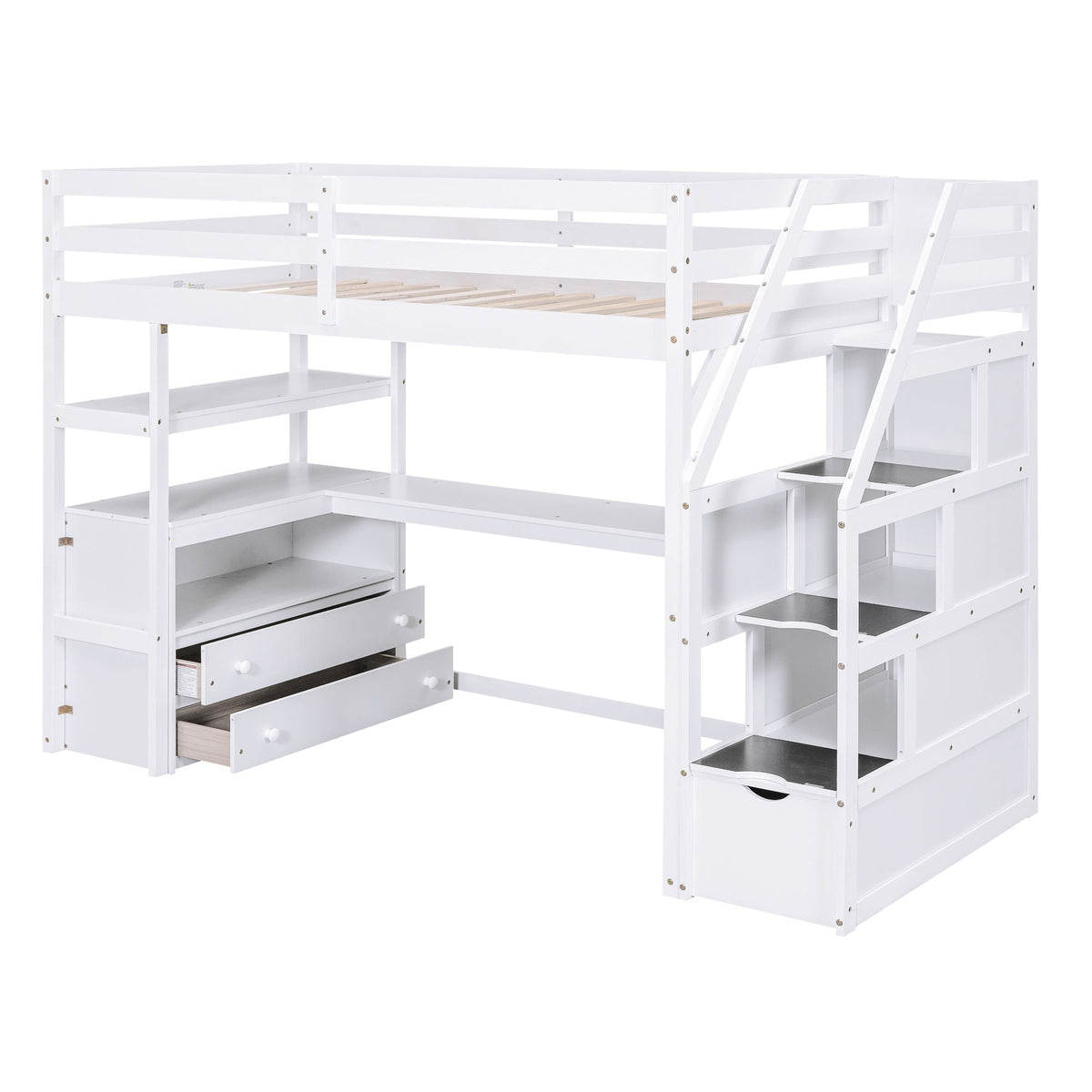 Loft Bed with Desk and Storage Staircase - Full or Twin, White or Gray