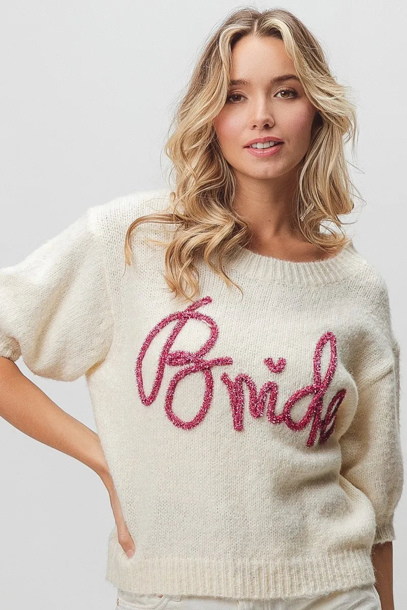 BiBi Metallic Letter Short Puff Sleeve Hairy Sweater