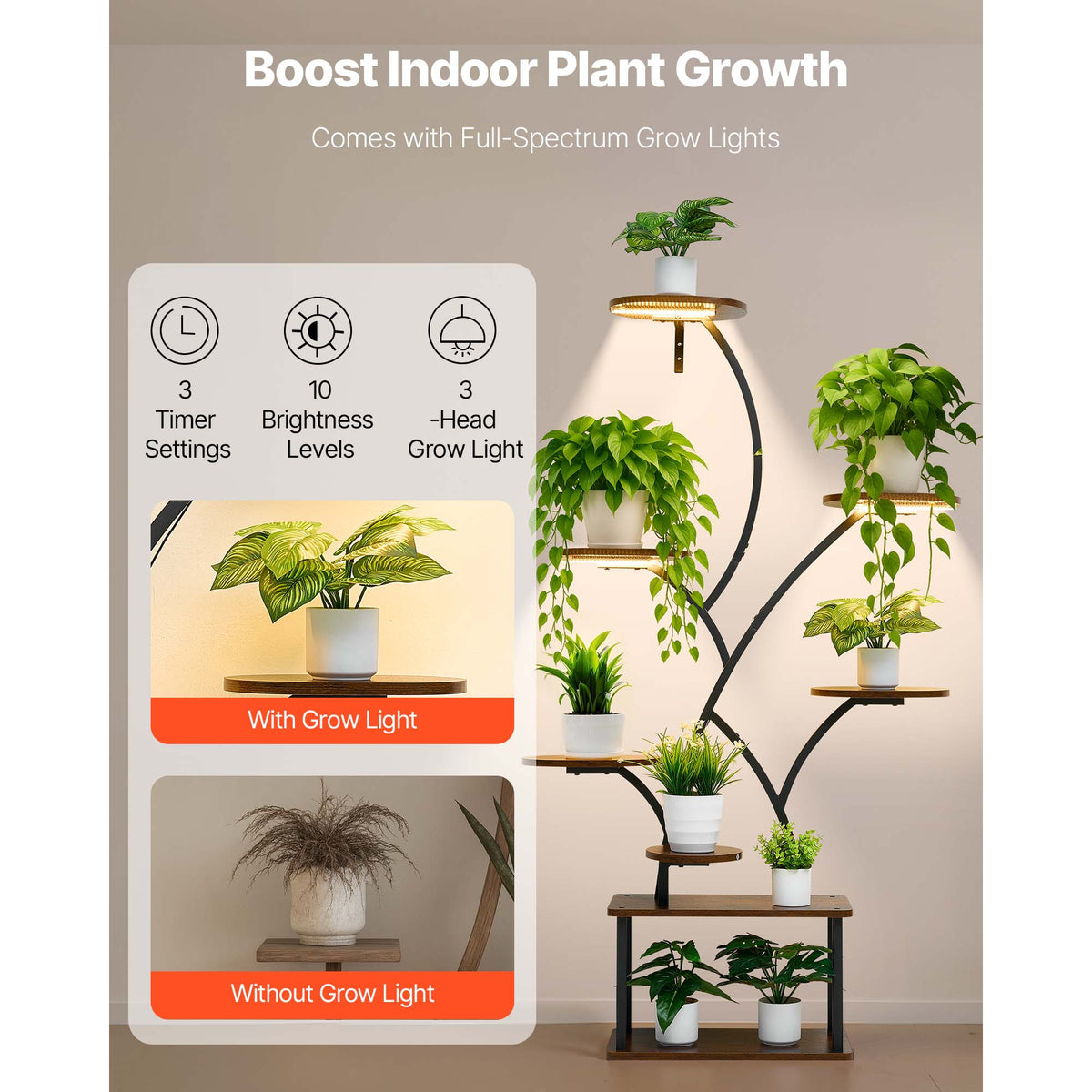 62 in Tall Indoor Plant Stand with Adjustable Grow Lights – 8-Tier Display Shelf