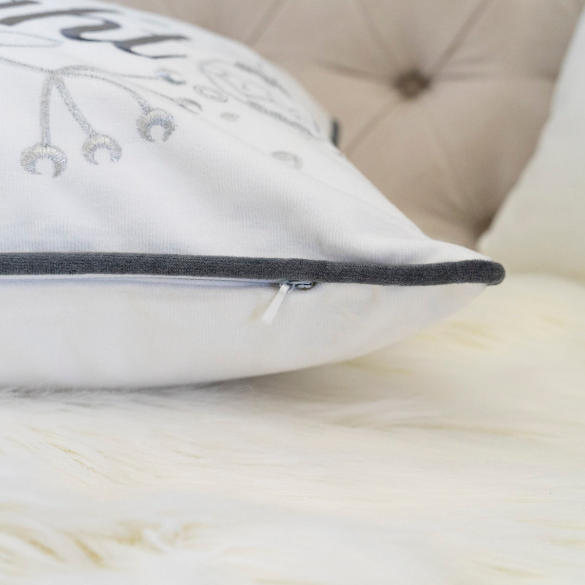 Merry & Bright Christmas Throw Pillow with Silver Embroidery - White+Silver