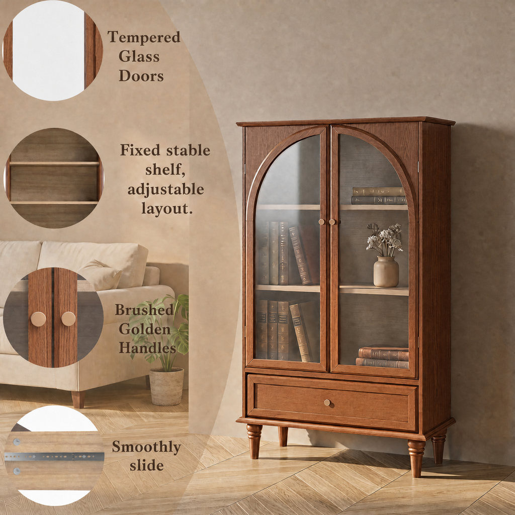 Vintage Farmhouse Arched Glass Accent Cabinet with Arched Glass Doors - Antique Glaze