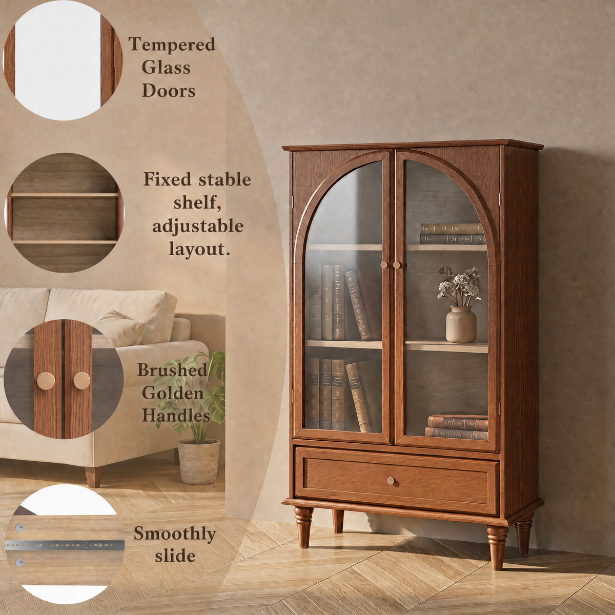 Vintage Farmhouse Arched Glass Accent Cabinet with Arched Glass Doors - Antique Glaze