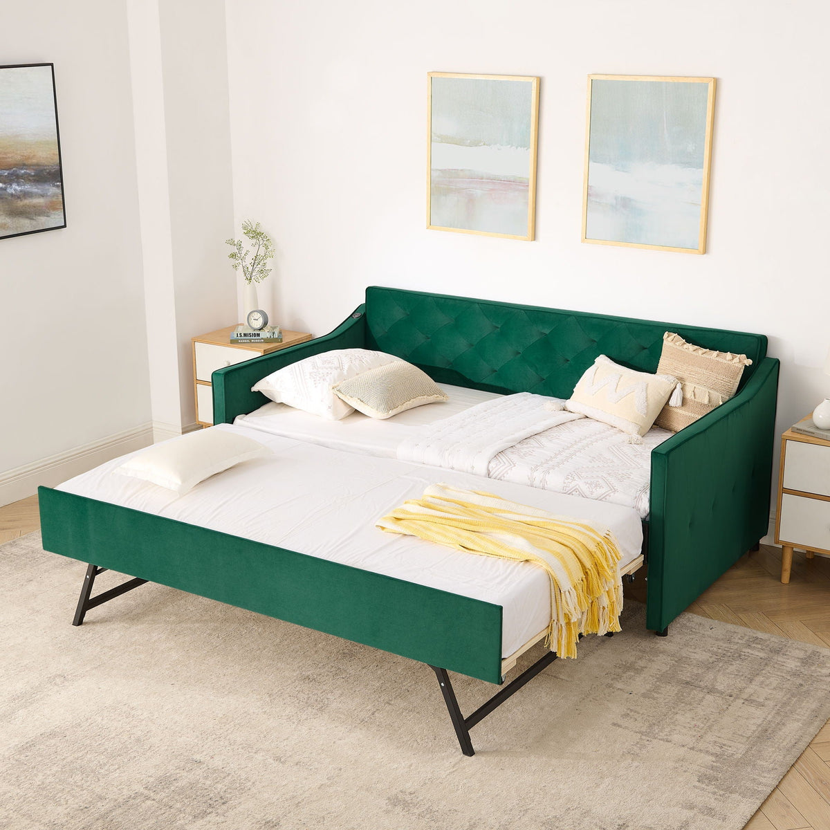 Twin Trundle Bed with Pop Up Trundle and USB Charging Armrest - Multiple Colors