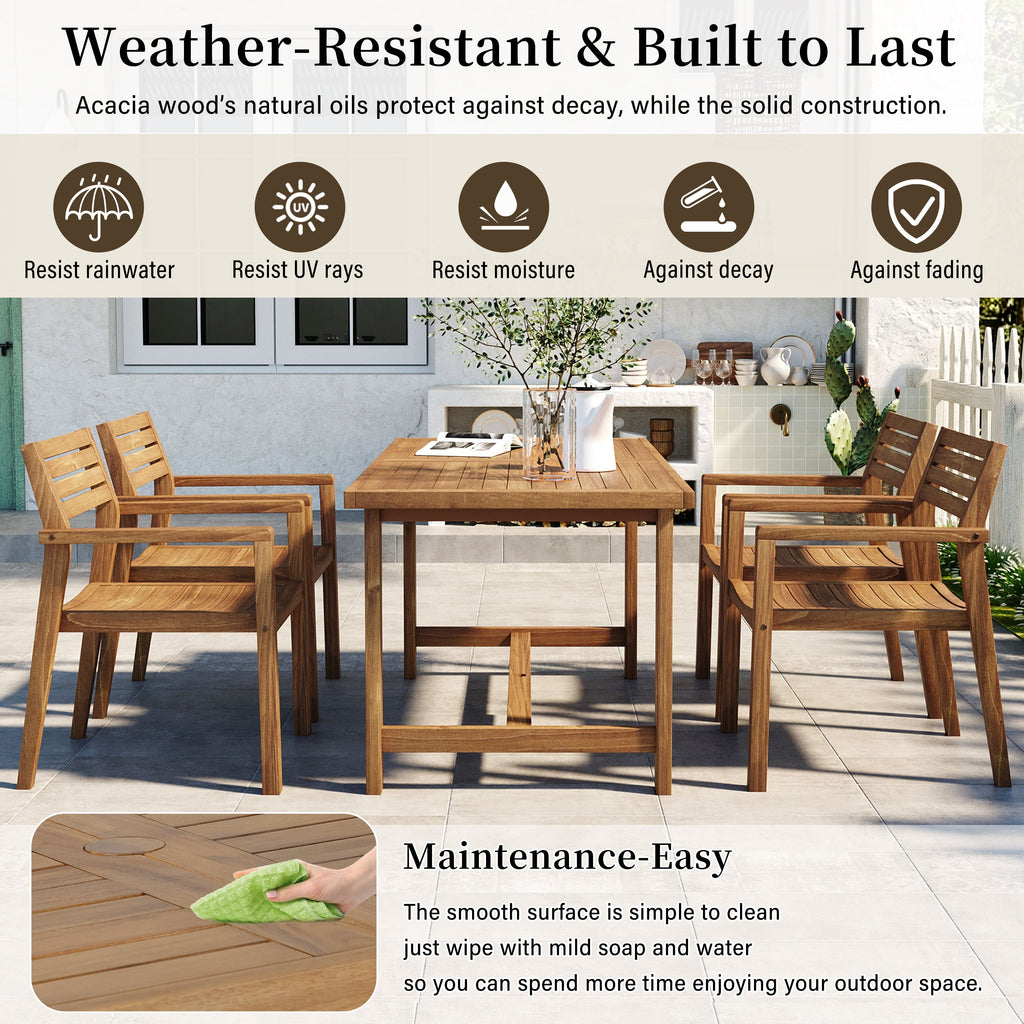 Natural Acacia Wood 5-Piece Outdoor Dining Set with Rectangular Table - Natural