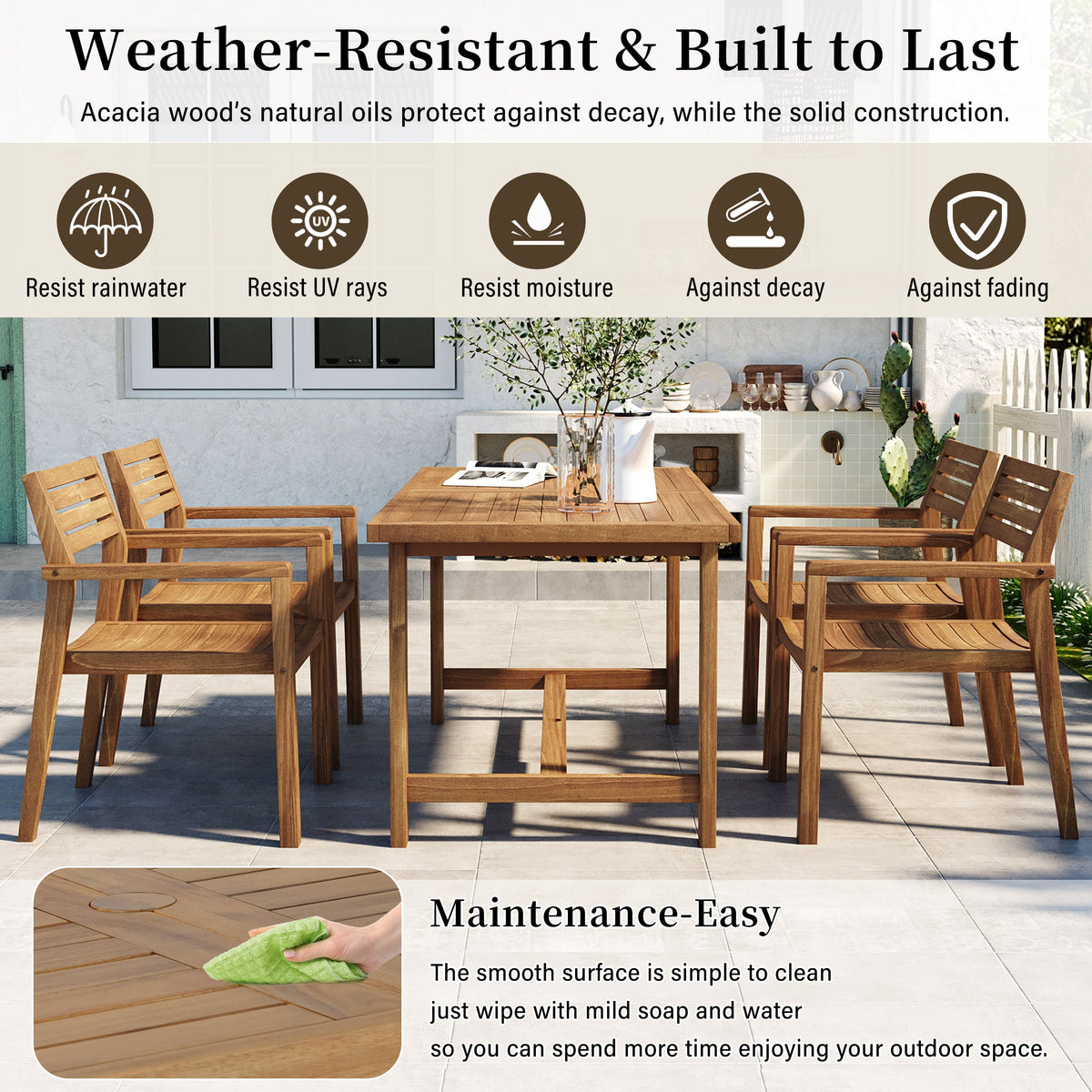 Natural Acacia Wood 5-Piece Outdoor Dining Set with Rectangular Table - Natural
