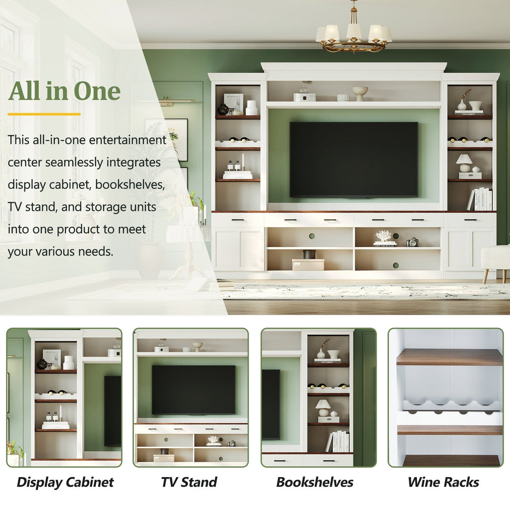 Farmhouse 4-Piece Entertainment Center with Bookshelf for TVs Up to 70" - Walnut MDF