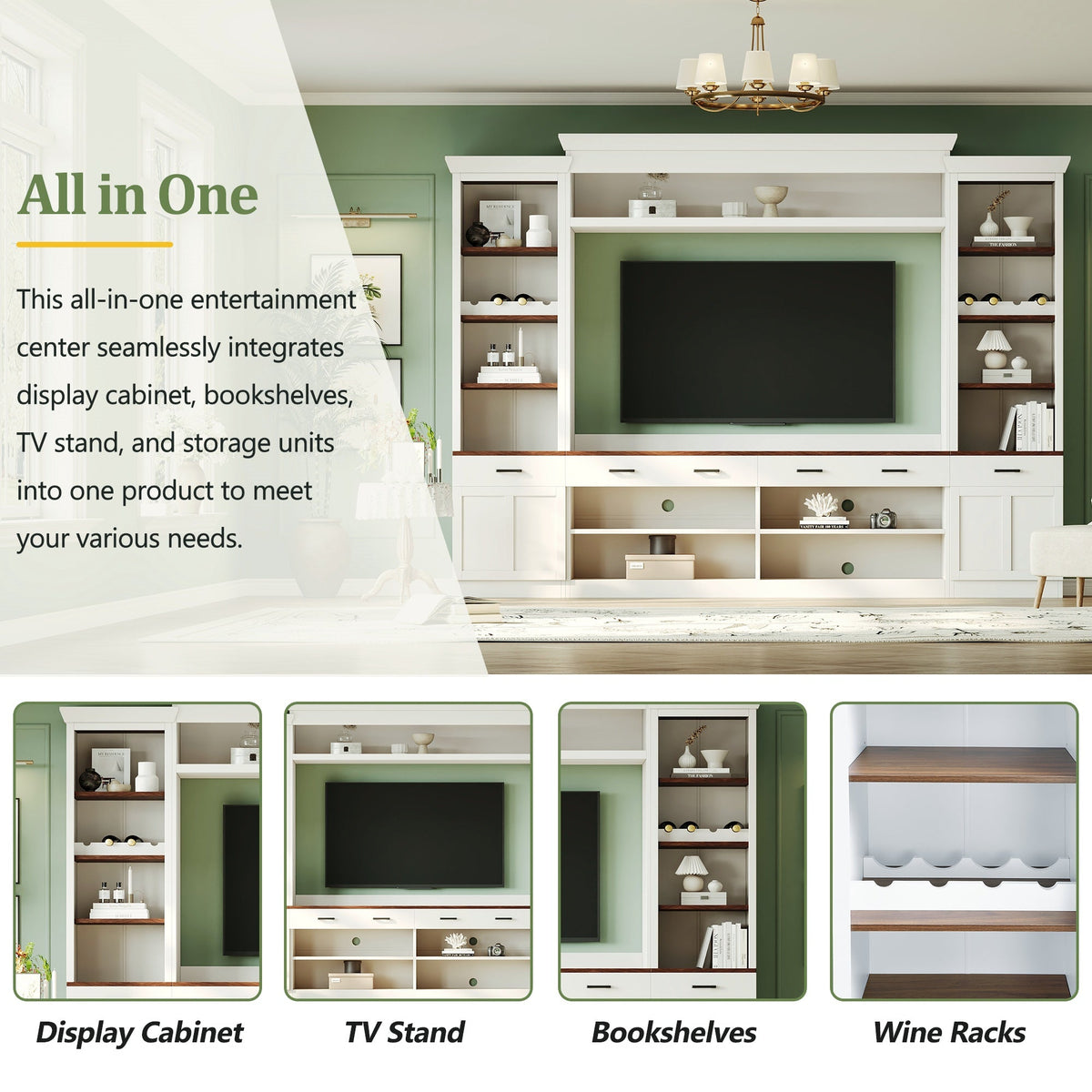 Farmhouse 4-Piece Entertainment Center with Bookshelf for TVs Up to 70" - Walnut MDF