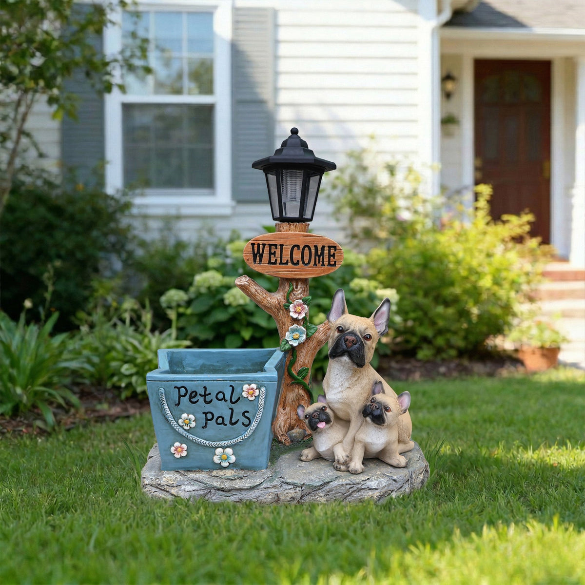 French Bulldog Family Planter Statue with Integrated Planter - Resin
